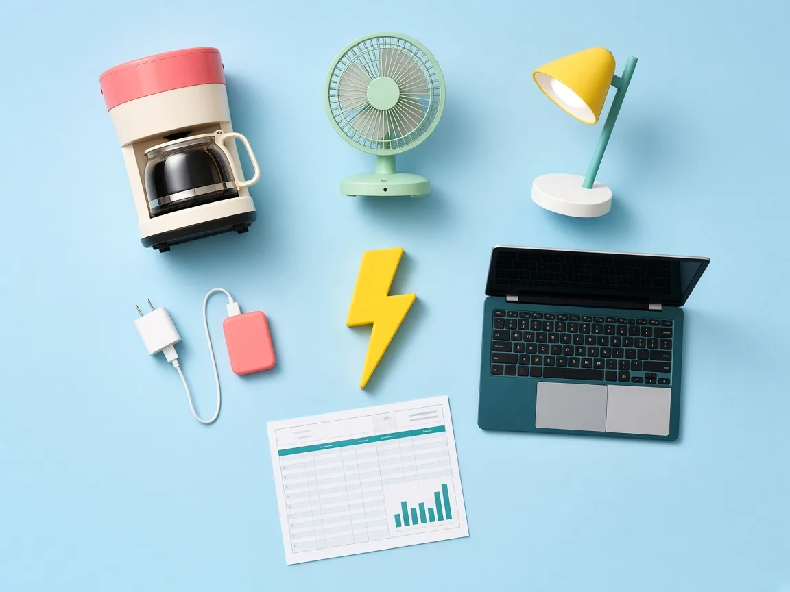Overhead flat lay of everyday business equipment and an electricity bill on a sky-blue background